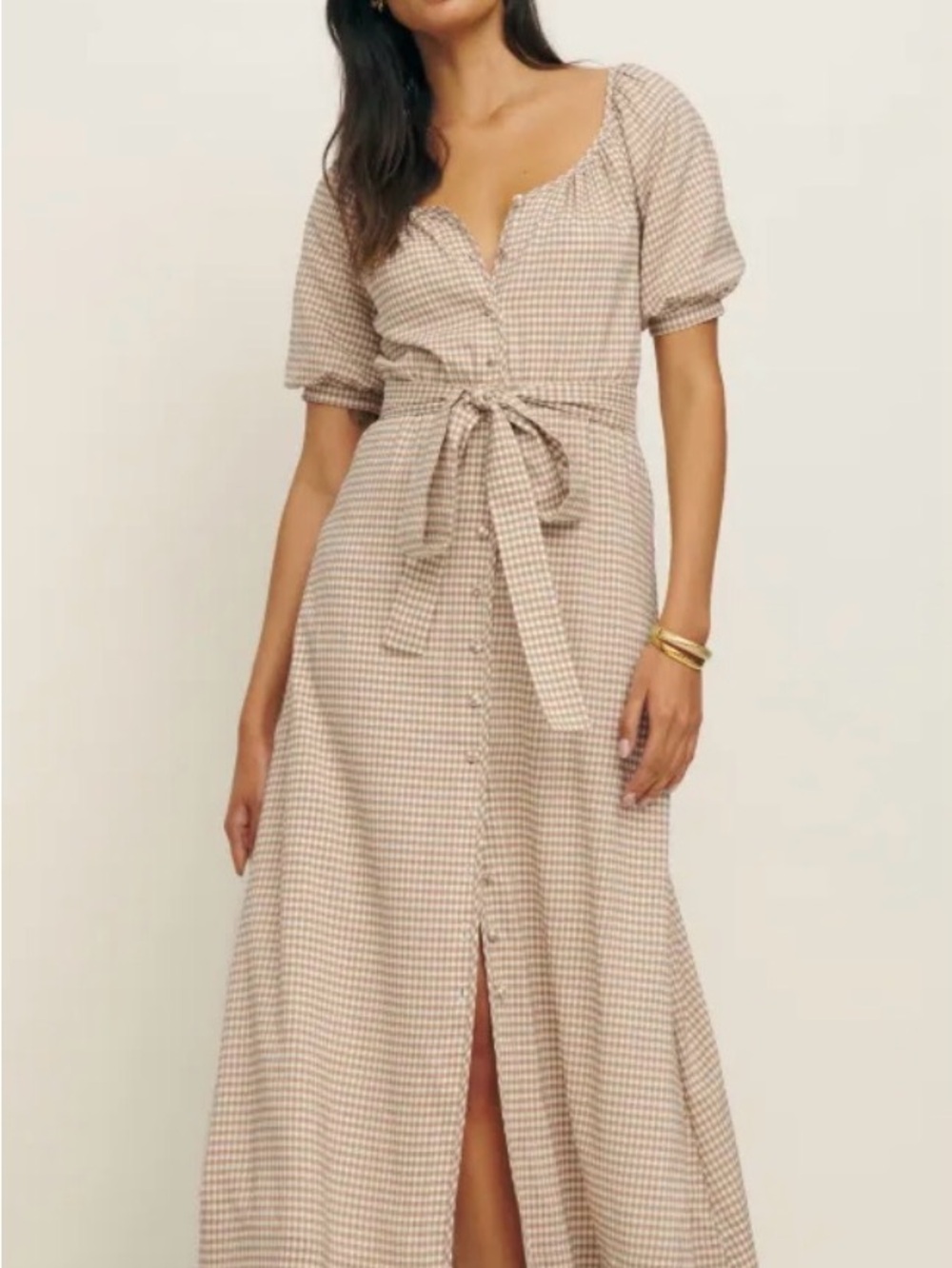 Reformation Beige Gingham Tie-Waist Maxi Dress
